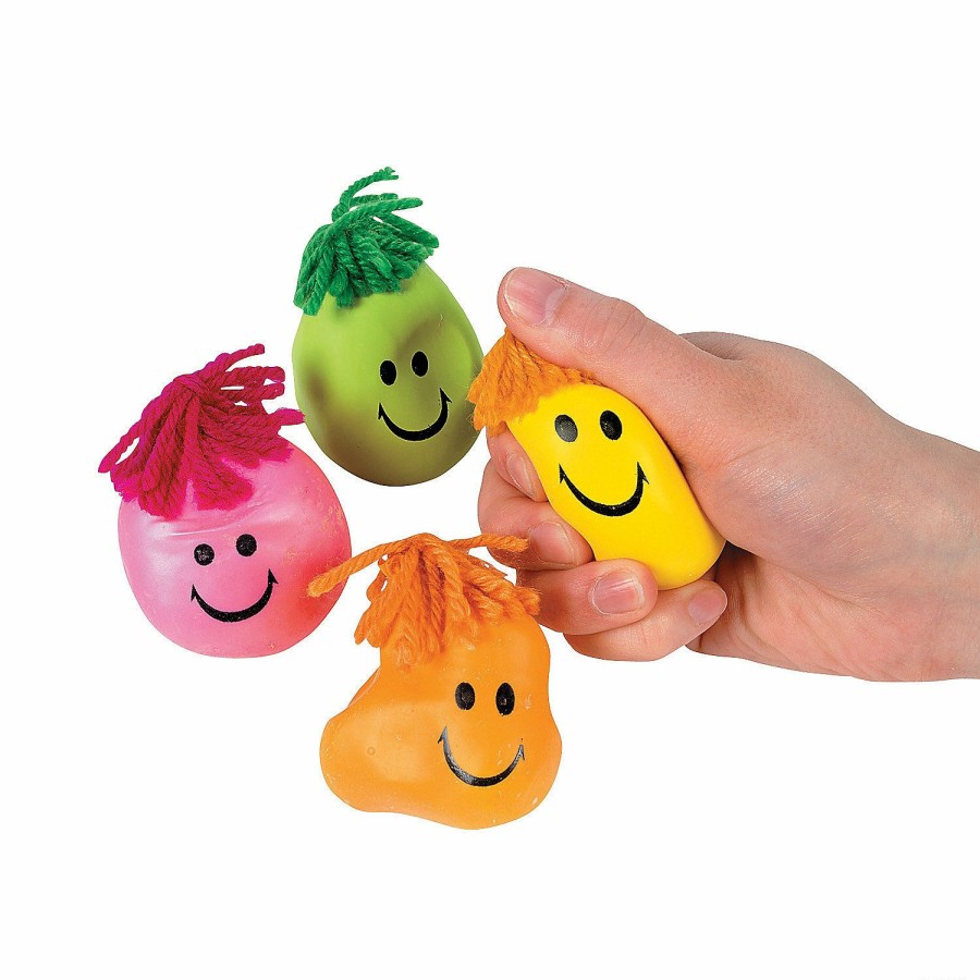 Toys, Games & Novelties * | Neon Smile Face Stress Toys With Hair 24 Pc.